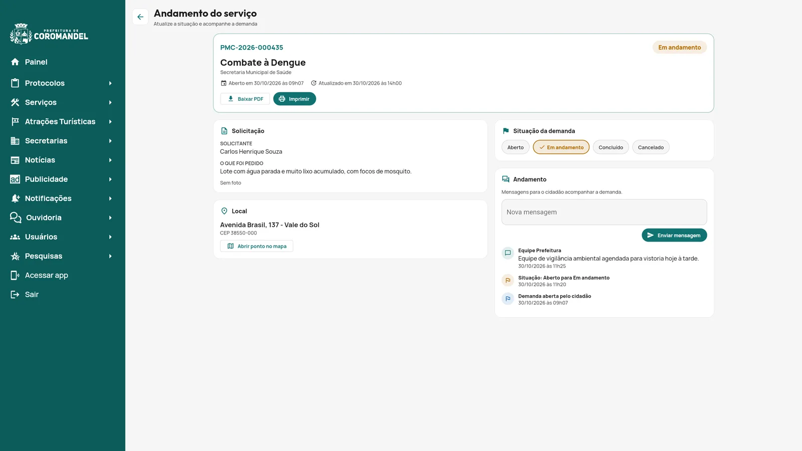 Tela Andamento do serviço no painel, no computador