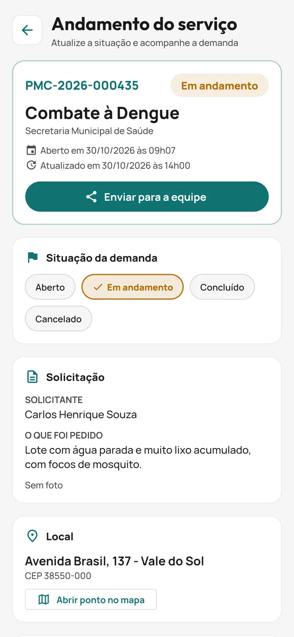 Tela Andamento do serviço no celular