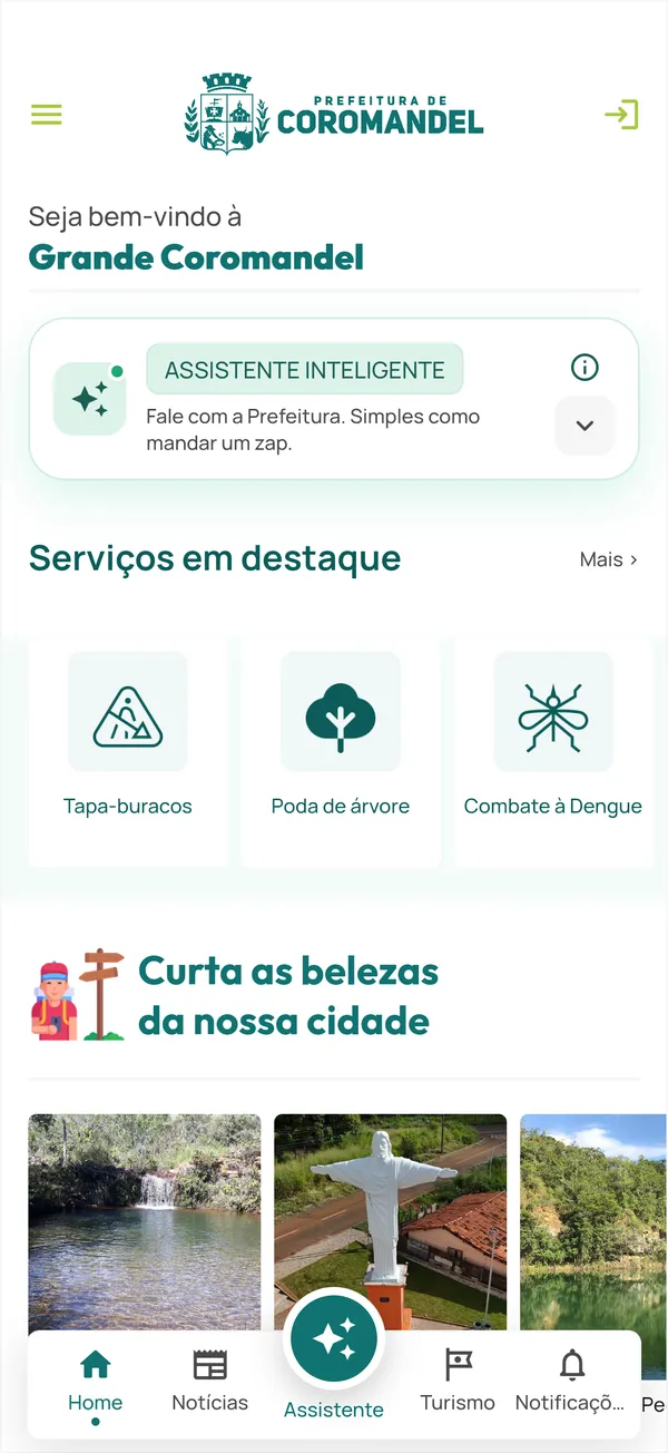Tela inicial do app com o Assistente Inteligente e os serviços em destaque